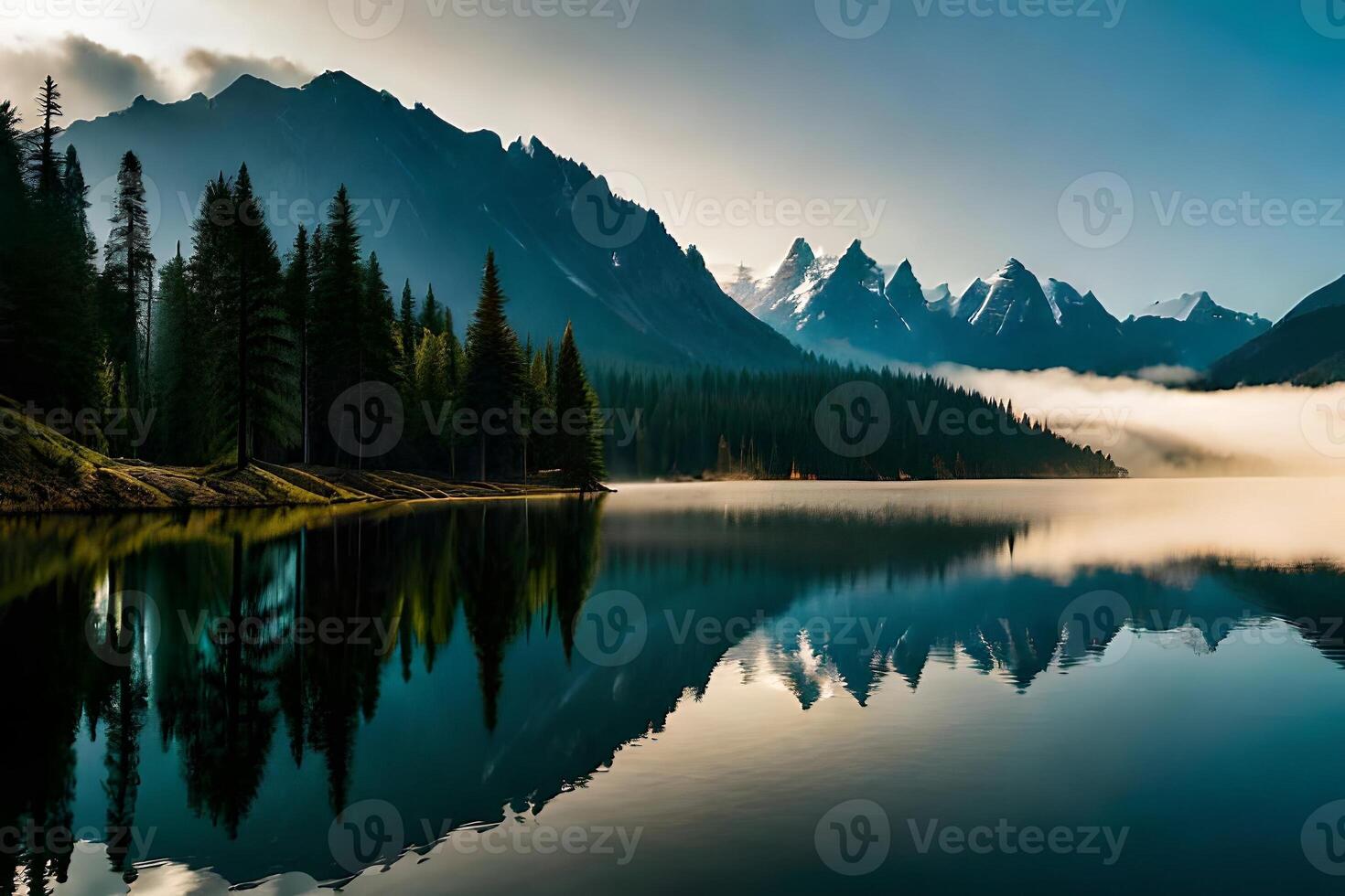 A cloudiness secured mountain lake with evergreen trees reflected on its sparkly surface. photo