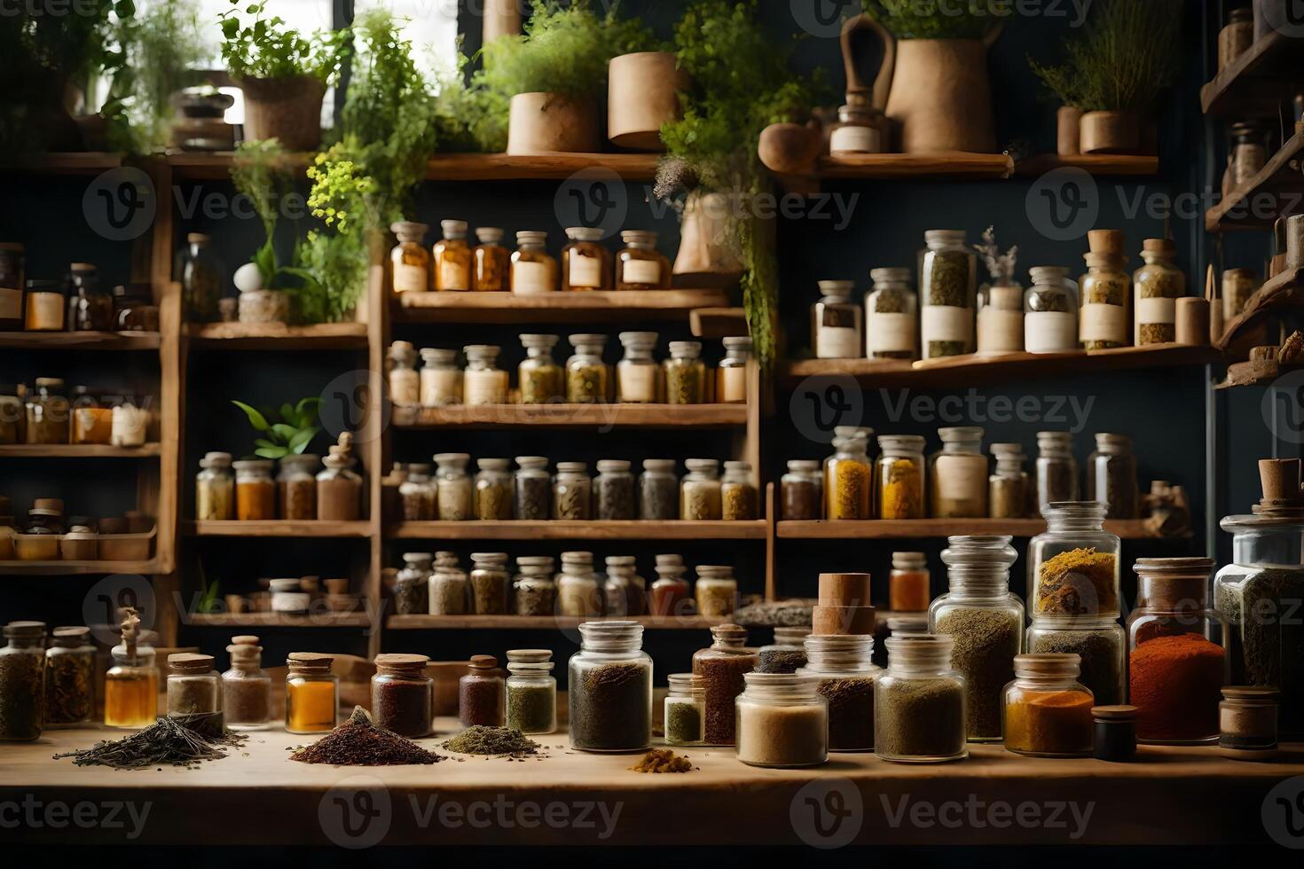 a cozy drug specialist shop brimming with dried herbs, botanical extricates, and all enveloping cures. Creative resource, photo