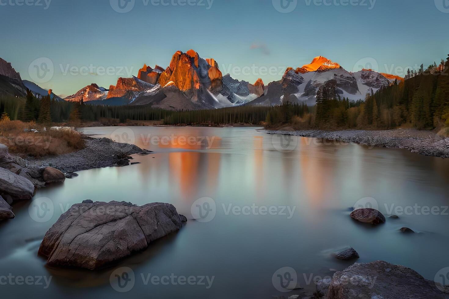A important stone clear conduit spouting through unforgiving scene, with snow capped mountains interior the oust. photo