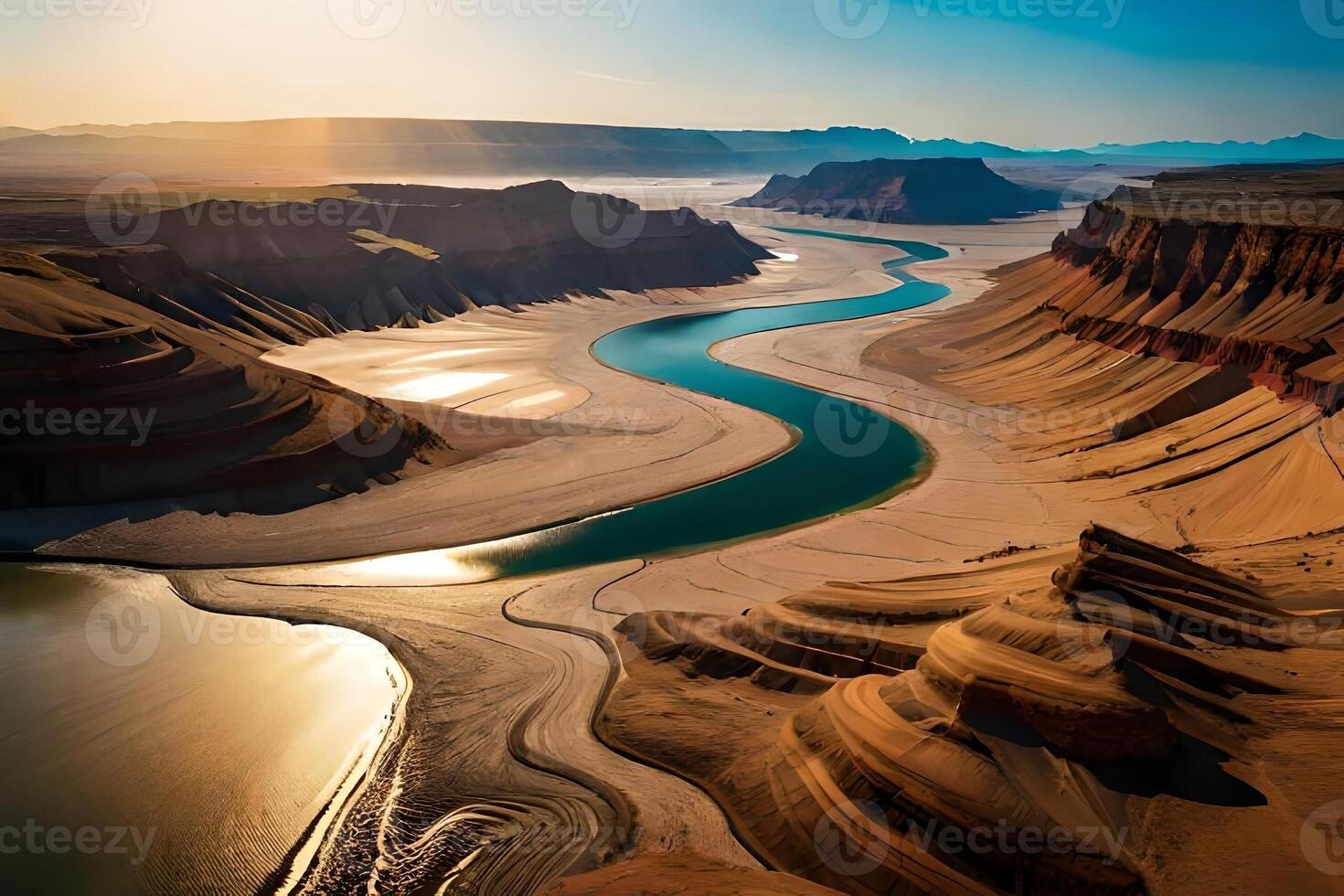 An forward pass view of a odorize river Hydra through a huge vacate landscape. Creative resource, photo