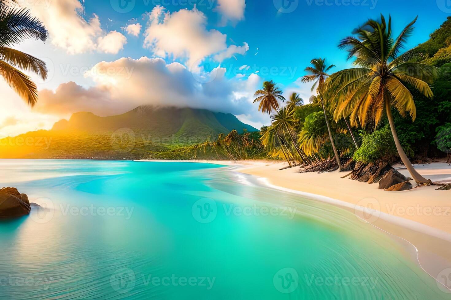 A tropical paradise with palm trees, white sandy shoreline, and turquoise waters. photo