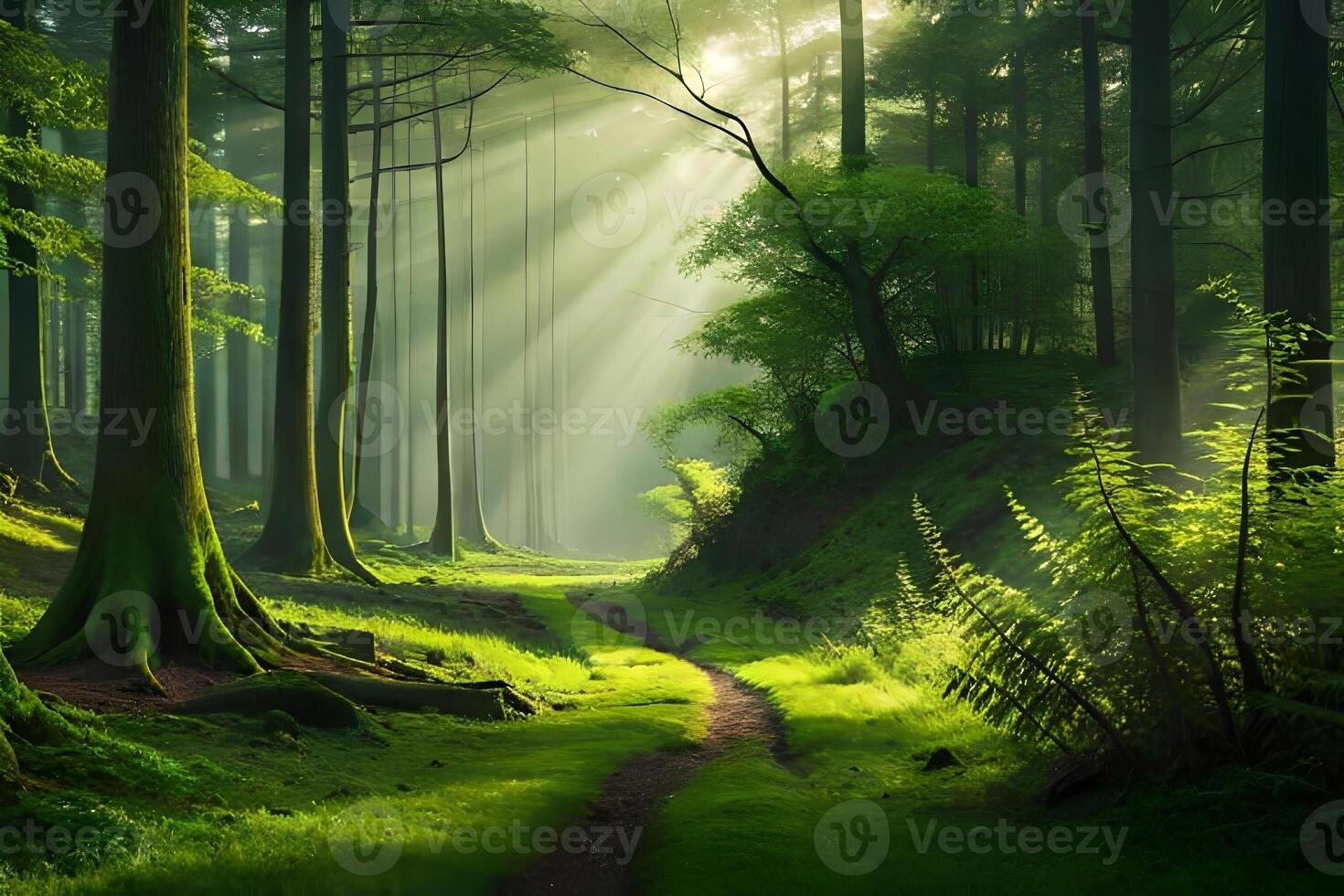 An enchanting afforest illuminated by burn of sunlight filtering through the dense canopy of corner. Creative resource, photo