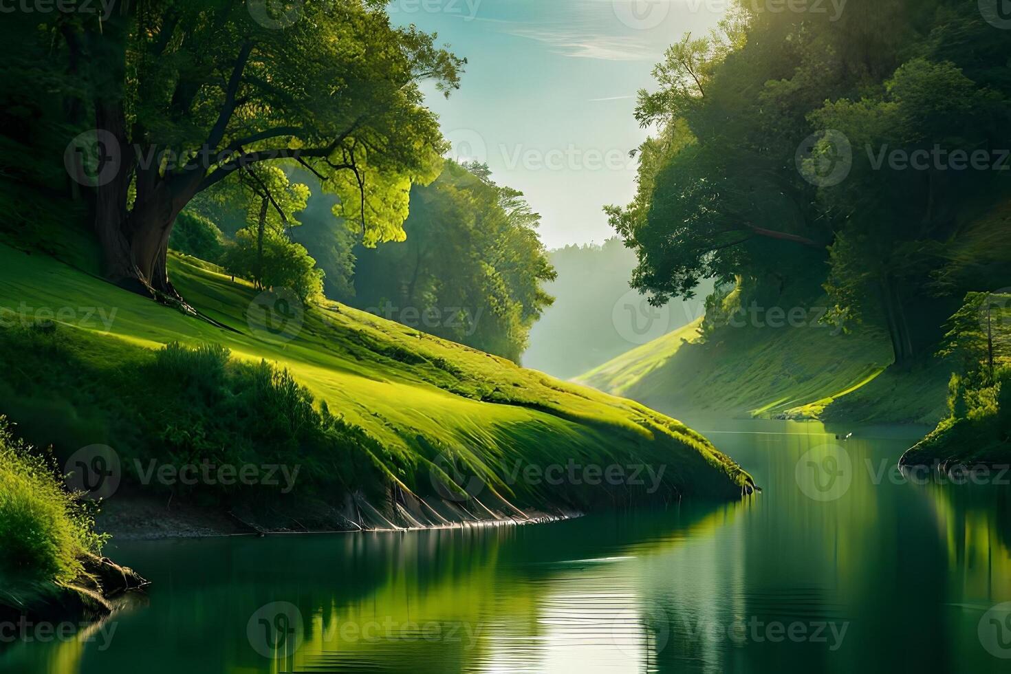 A calm stream tenderly winding through a lavish green scene with overhanging trees. photo