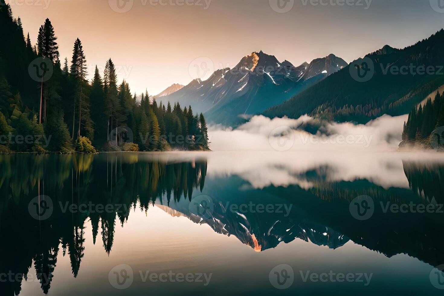 A cloudiness secured mountain lake with evergreen trees reflected on its sparkly surface. photo
