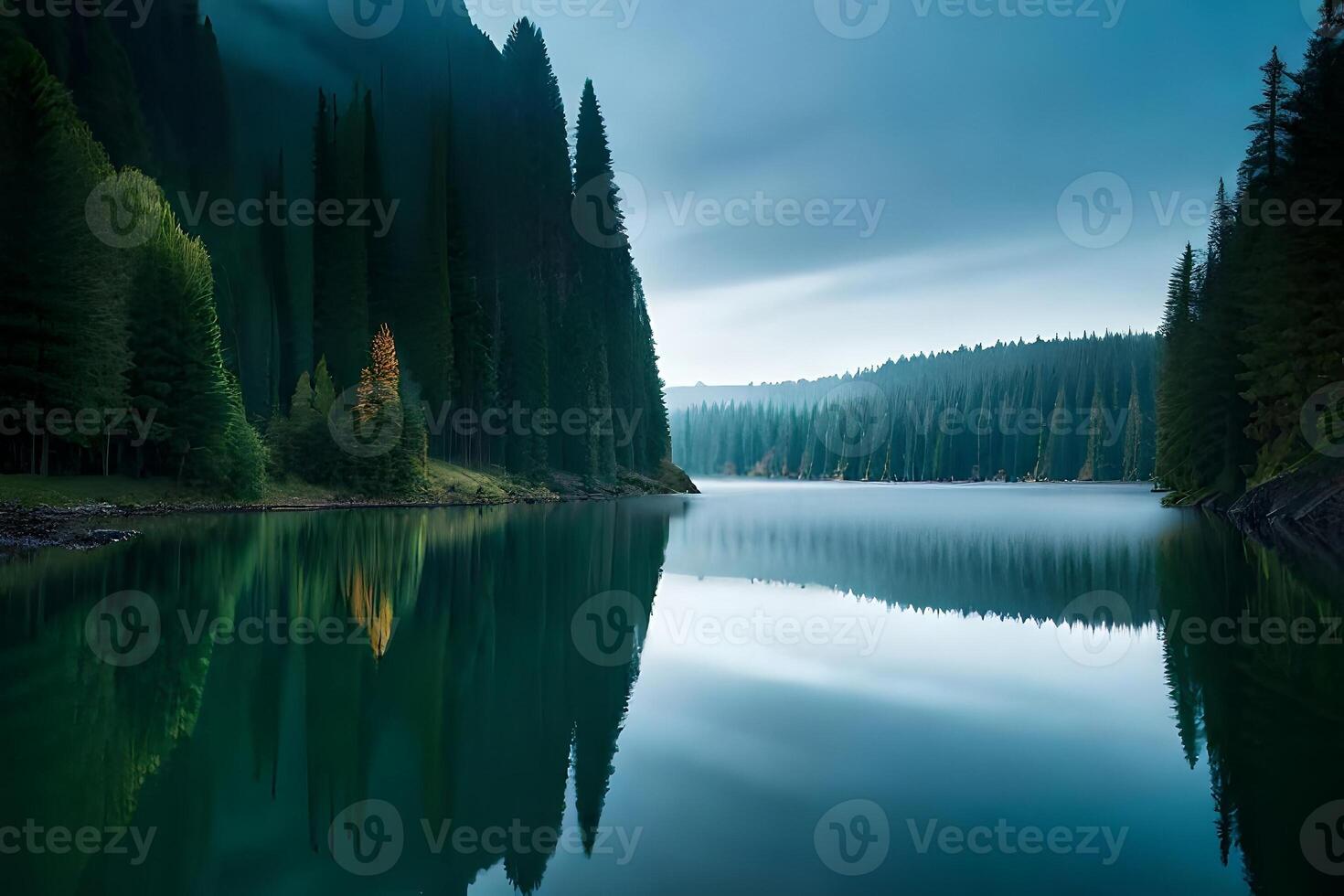A cloudiness secured mountain lake with evergreen trees reflected on its sparkly surface. photo