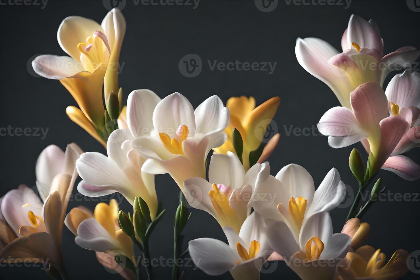 Beautiful freesias, which are a special way to say thank you on Mother's Day, have been photographed in soft and romantic lighting in a studio.. Creative resource, photo