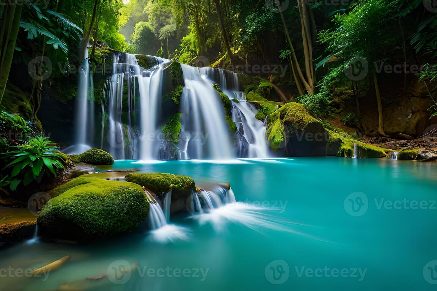 A secured tropical waterfall cascading into a turquoise pool, enveloped by luxurious vegetation. photo