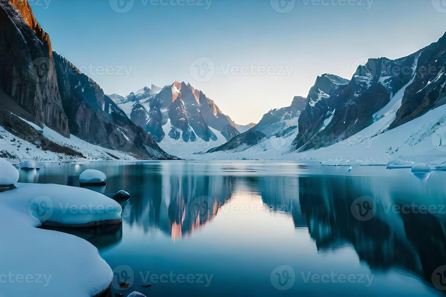 A cemented ice sheet lake enveloped by chilly cliffs and snow capped peaks. photo