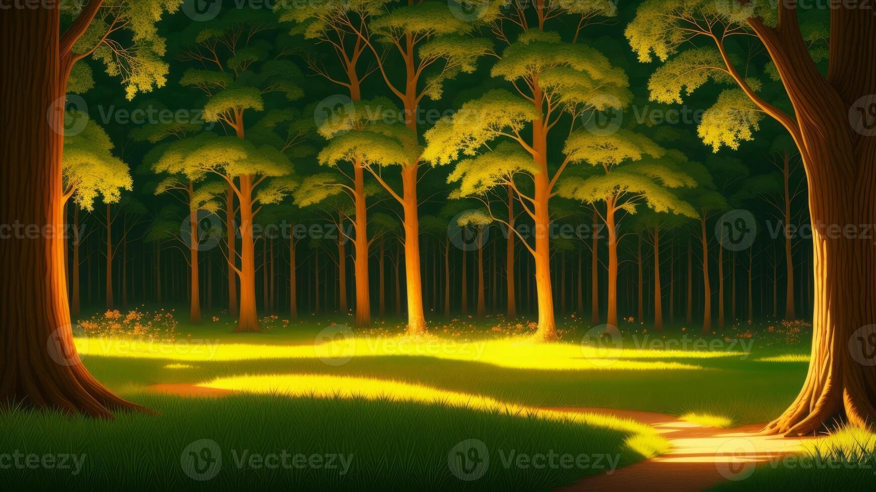 A calm and peaceful clearing in the forest, filled with a gentle and soothing light from fireflies. Illustration, photo