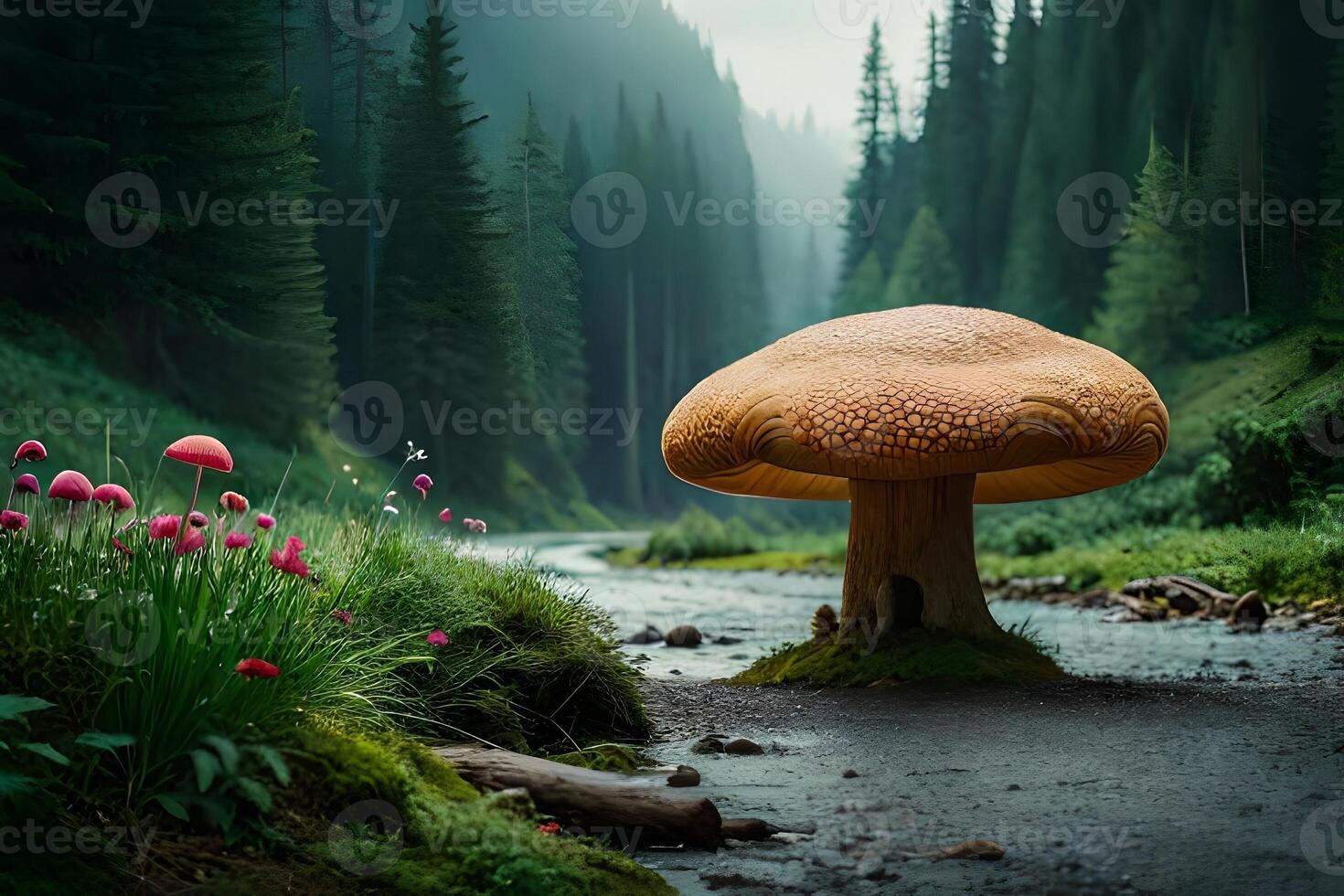 A unordinary world filled with mammoth mushrooms, making a tall story like scene. photo