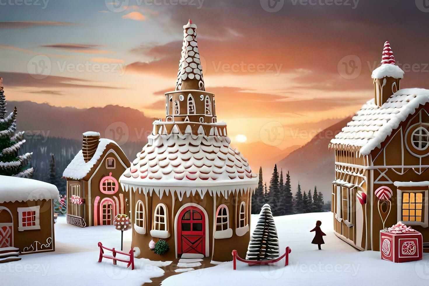 Make a unordinary town made totally of gingerbread, cement to with icing housetops and sweet highlights. Ai Generated photo