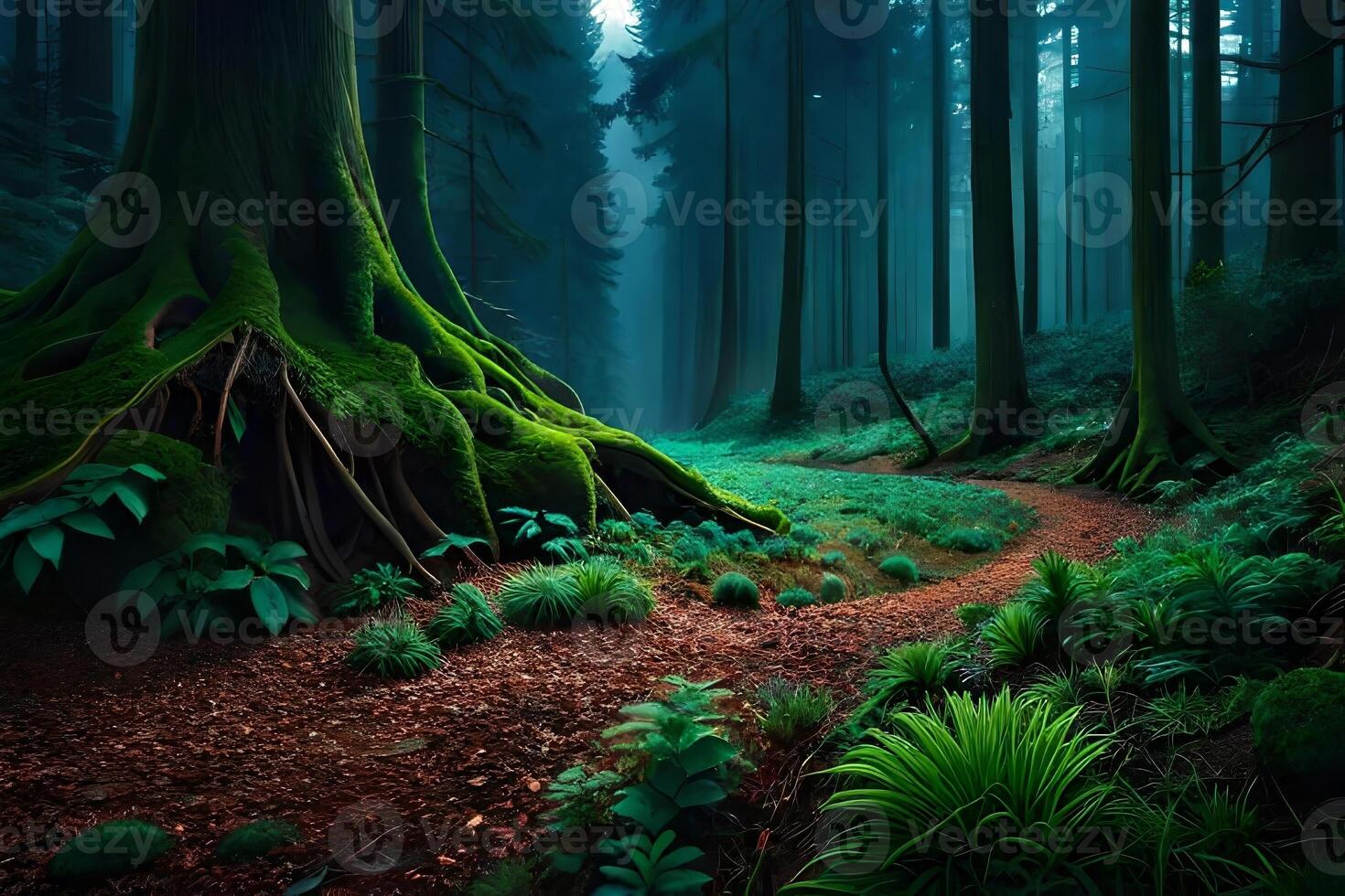 An enchanting afforest illuminated by the slowly luminescence of bioluminescent mushroom. Creative resource, photo