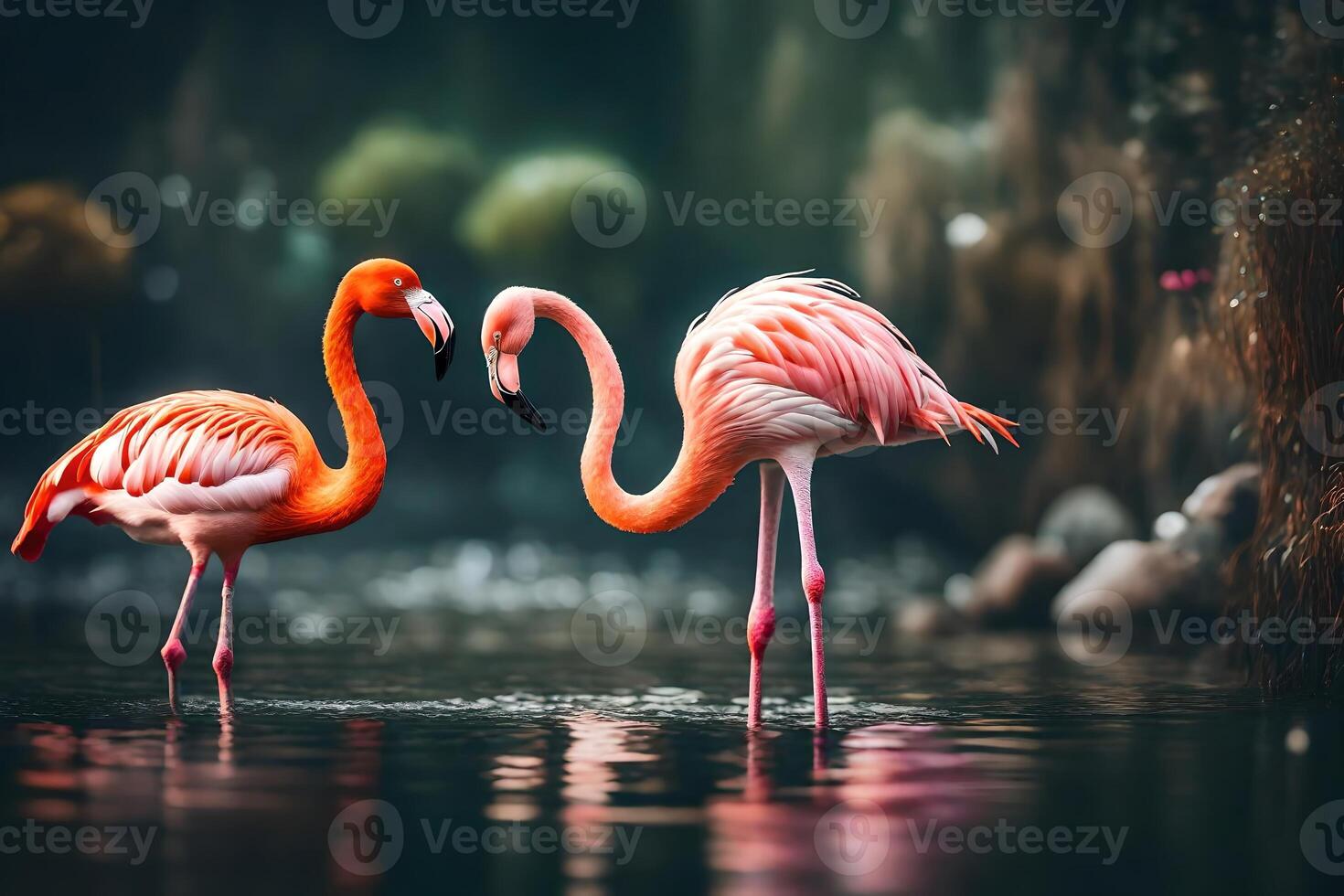 A unconventional flamingo showcased in marvelous waterscapes. Creative resource, photo