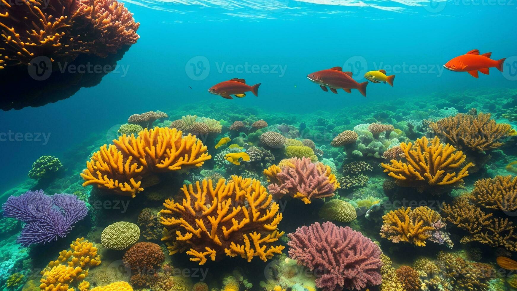 fascinante imagen de un energético coral arrecife inundación con vistoso punto, tortugas, y otro marina vida. ai generado foto