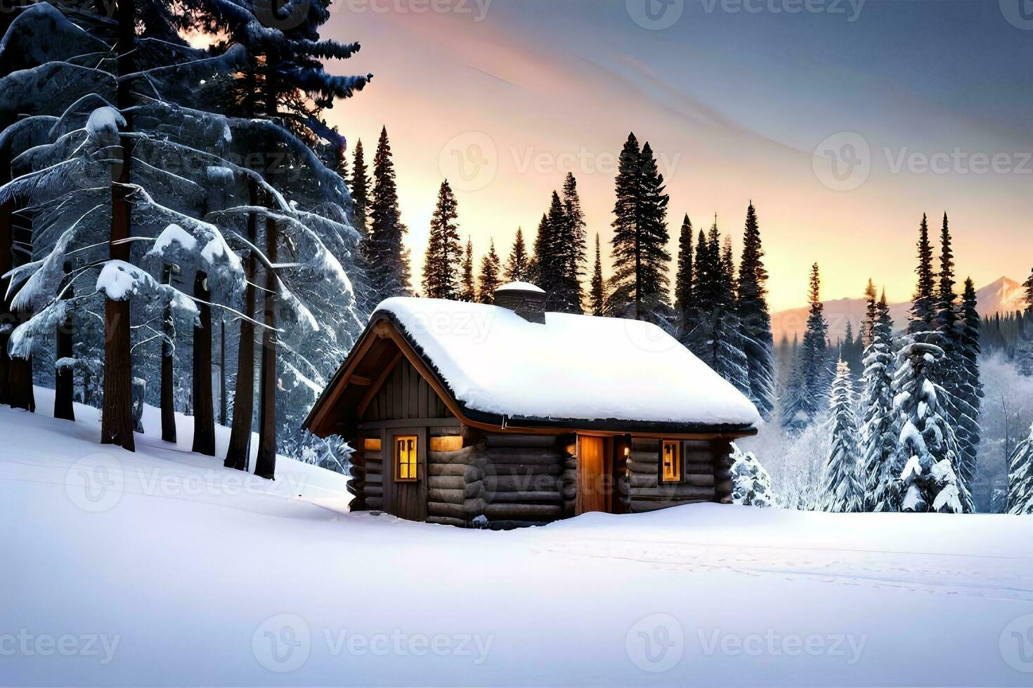Orchestrate a charming cabin settled in a cold forest, included by towering evergreens. Creative resource, AI Generated photo