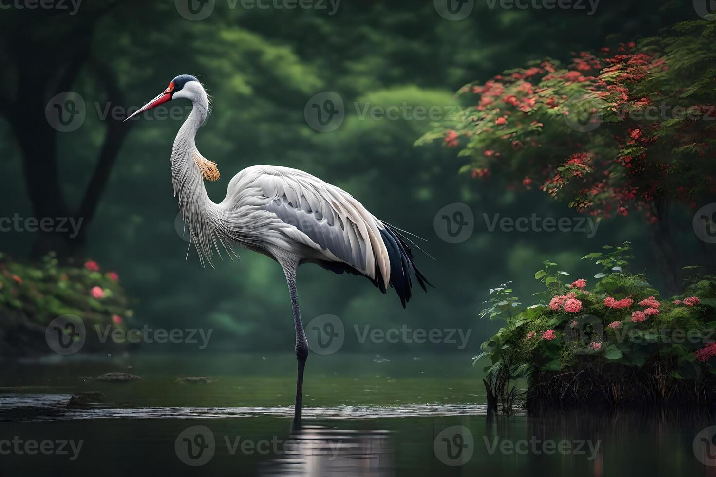 An august crane showcased in calm waterside scenes. Creative resource, photo