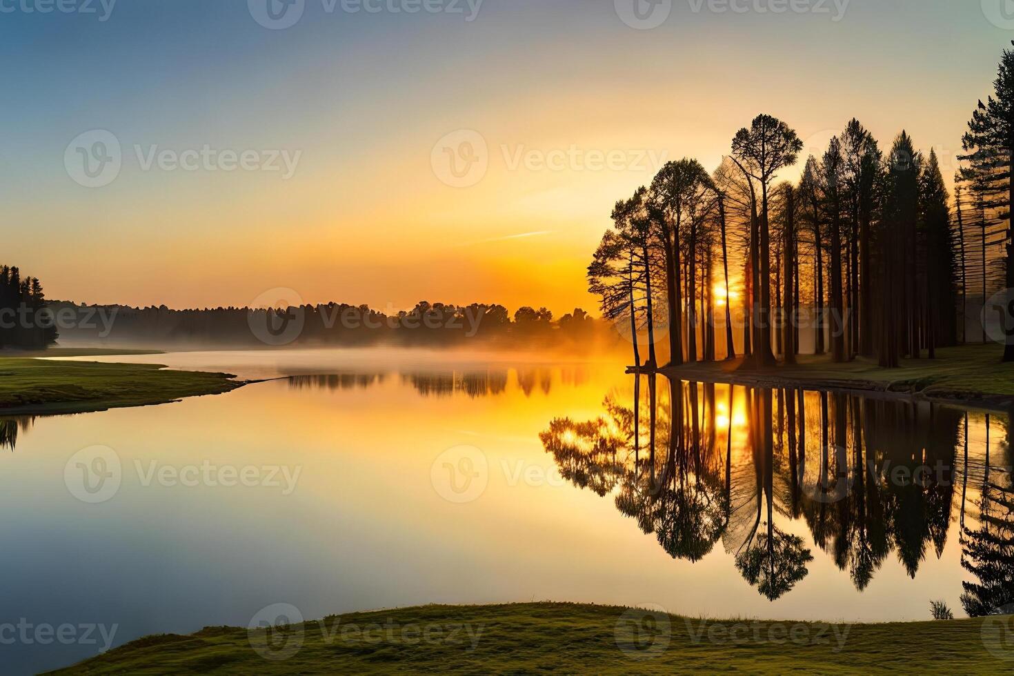 A calm lake included by trees, reflecting the colors of the setting sun. photo