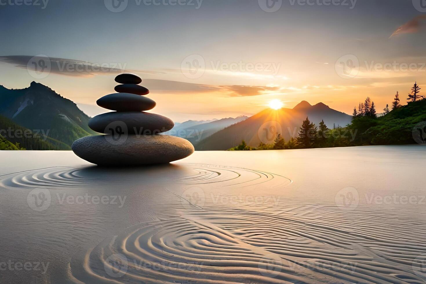 A placid Zen garden with carefully placed Rock , spine form , and a passive urine have. Creative resource, photo