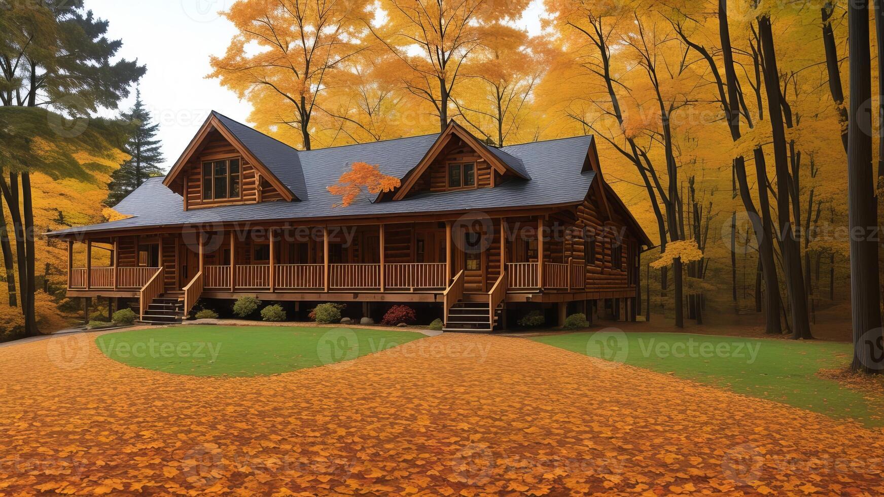 natural cabin settled in the midst of tall trees and encompassed by a carpet of harvest time takes off. photo