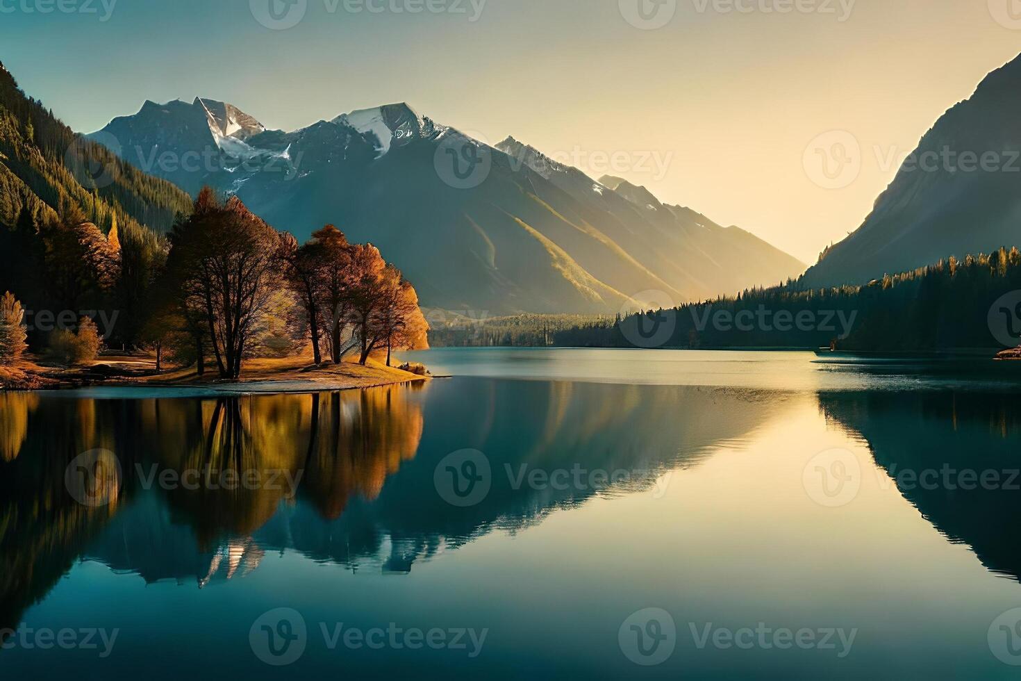 Appear a calm lake or lake reflecting the heavenliness of the passing year and the freshness of the show day one. photo