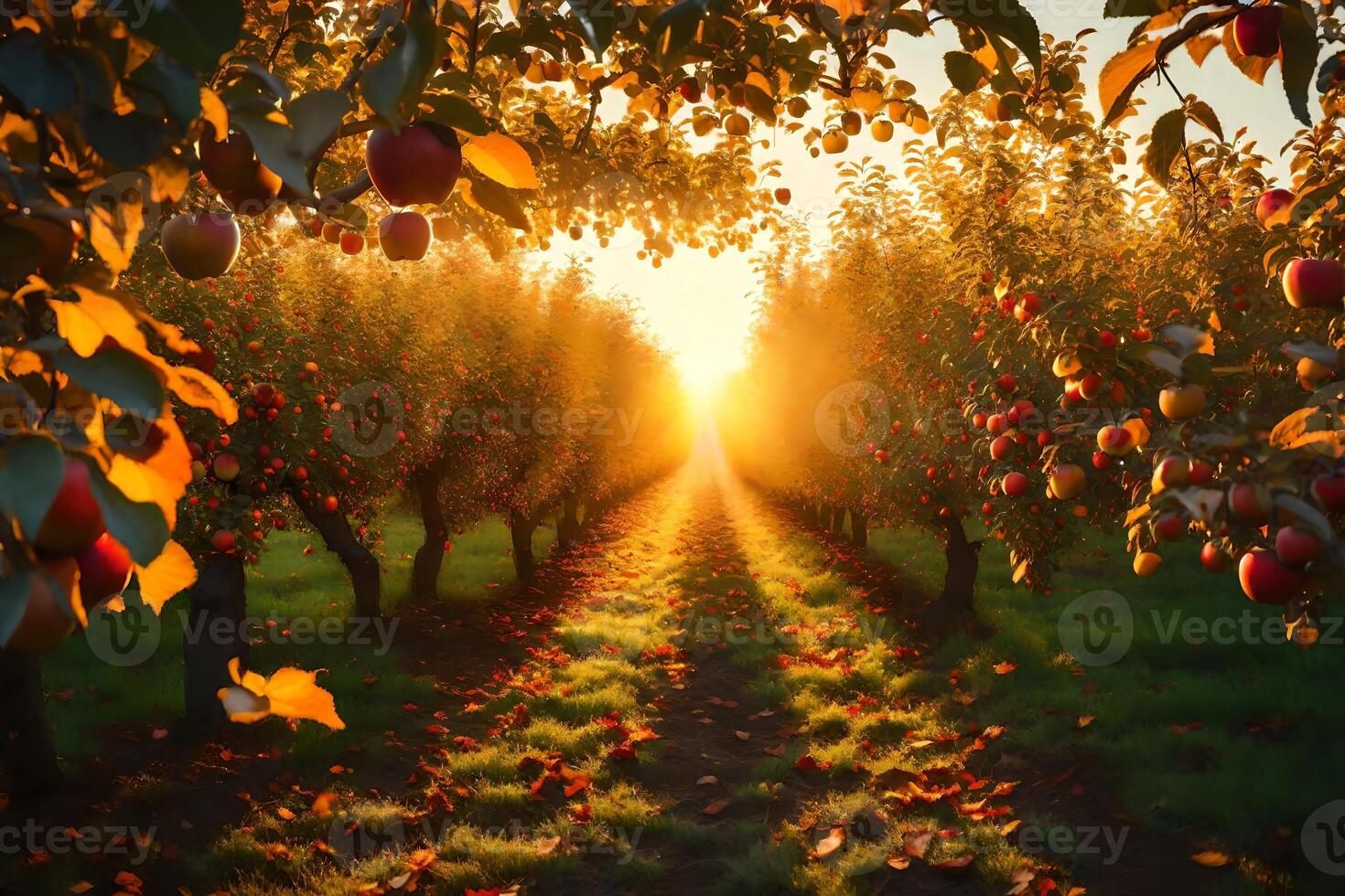 an apple plantation at dusk, with brilliant light sifting through colorful takes off. Creative resource, photo