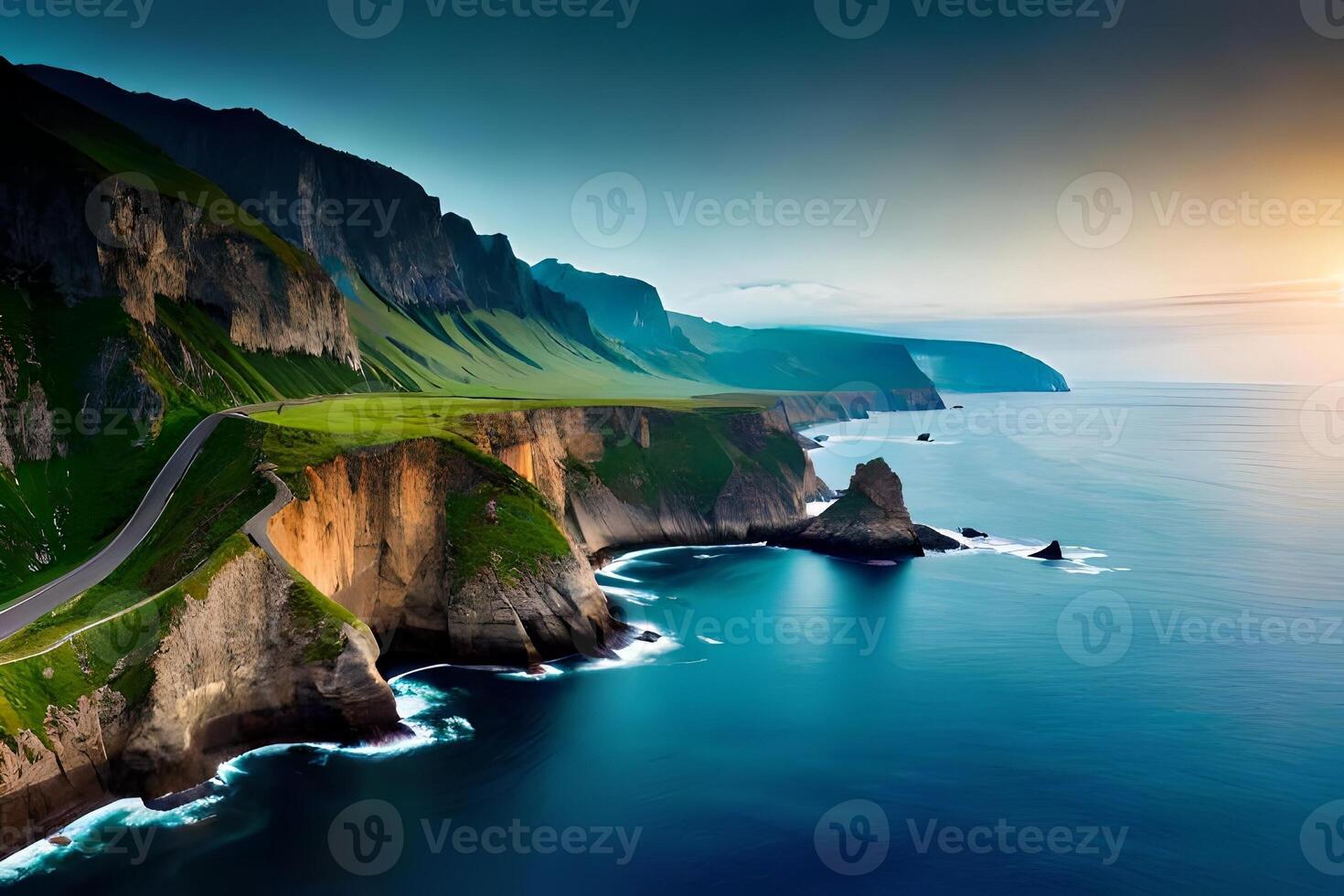 A breathtaking airborne see of tough coastal cliffs assembly the profound blue ocean. photo
