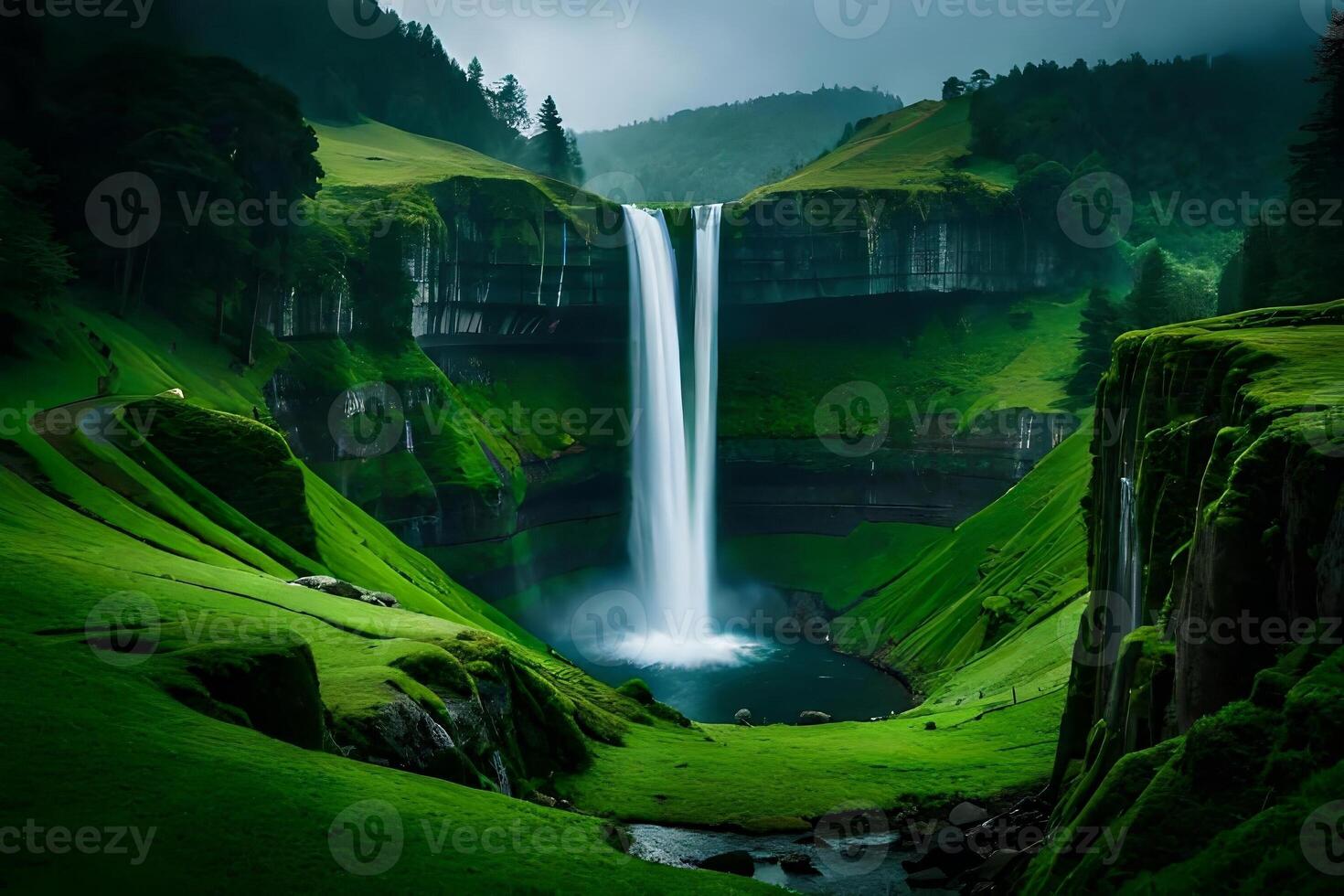 A imperial waterfall surrounded by alcoholic greenery and iniquity , showcasing the baron and collision of nature. Creative resource, photo