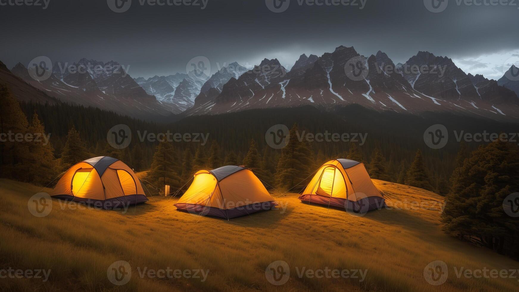 camping inside the mountains, tents inside the forest. photo