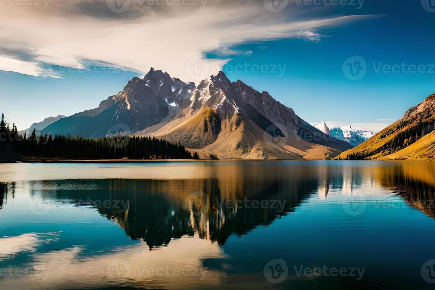 A calm lake reflecting the brilliant mountain crests that cement it. photo