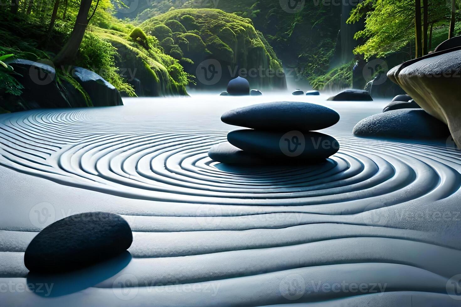 A equable Zen garden with carefully placed Rock , spur determine , and a passive voice spokesperson urine have. Creative resource, photo