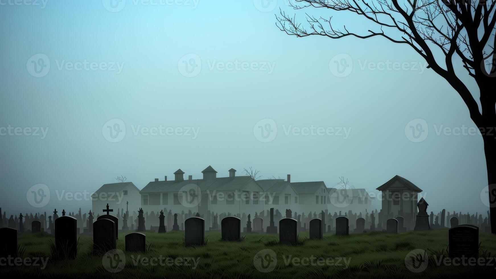A bunch of zombies coming out of a graveyard with fog around them. Illustration, photo