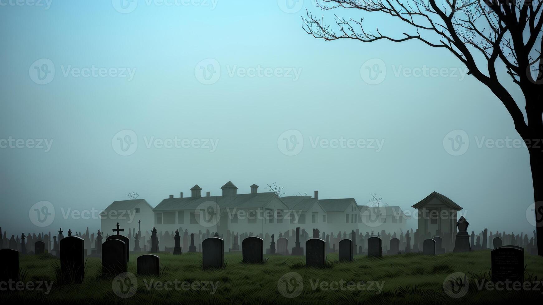 A bunch of zombies coming out of a graveyard with fog around them. Illustration, AI Generated photo