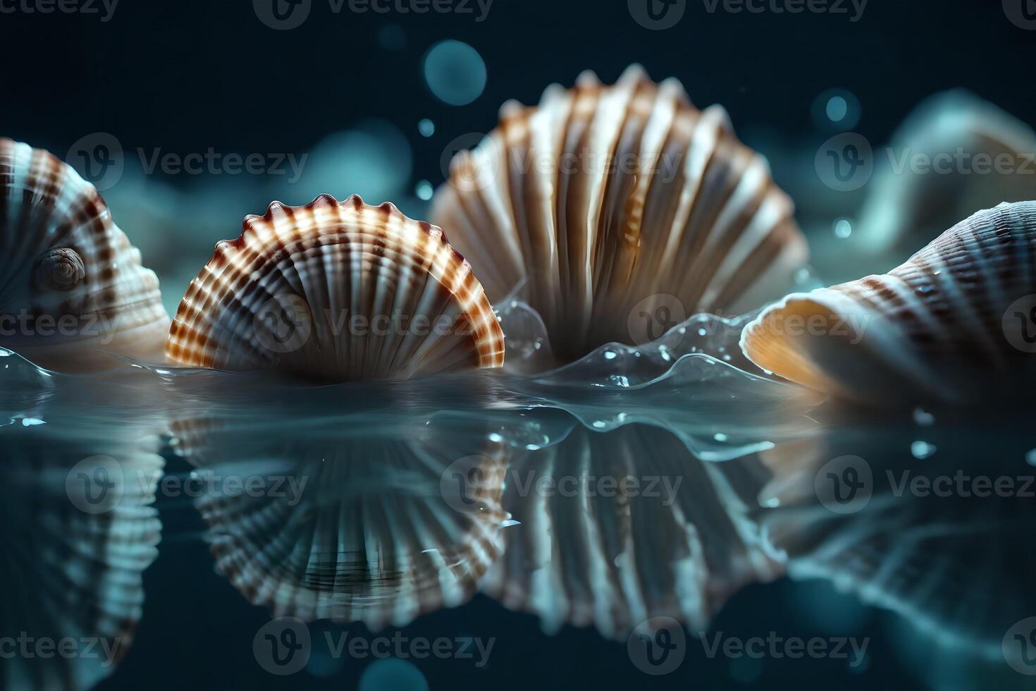 Seashells on water expansive scale, coastal tones underneath studio light. Charmed reflections intrigue. Creative resource, photo
