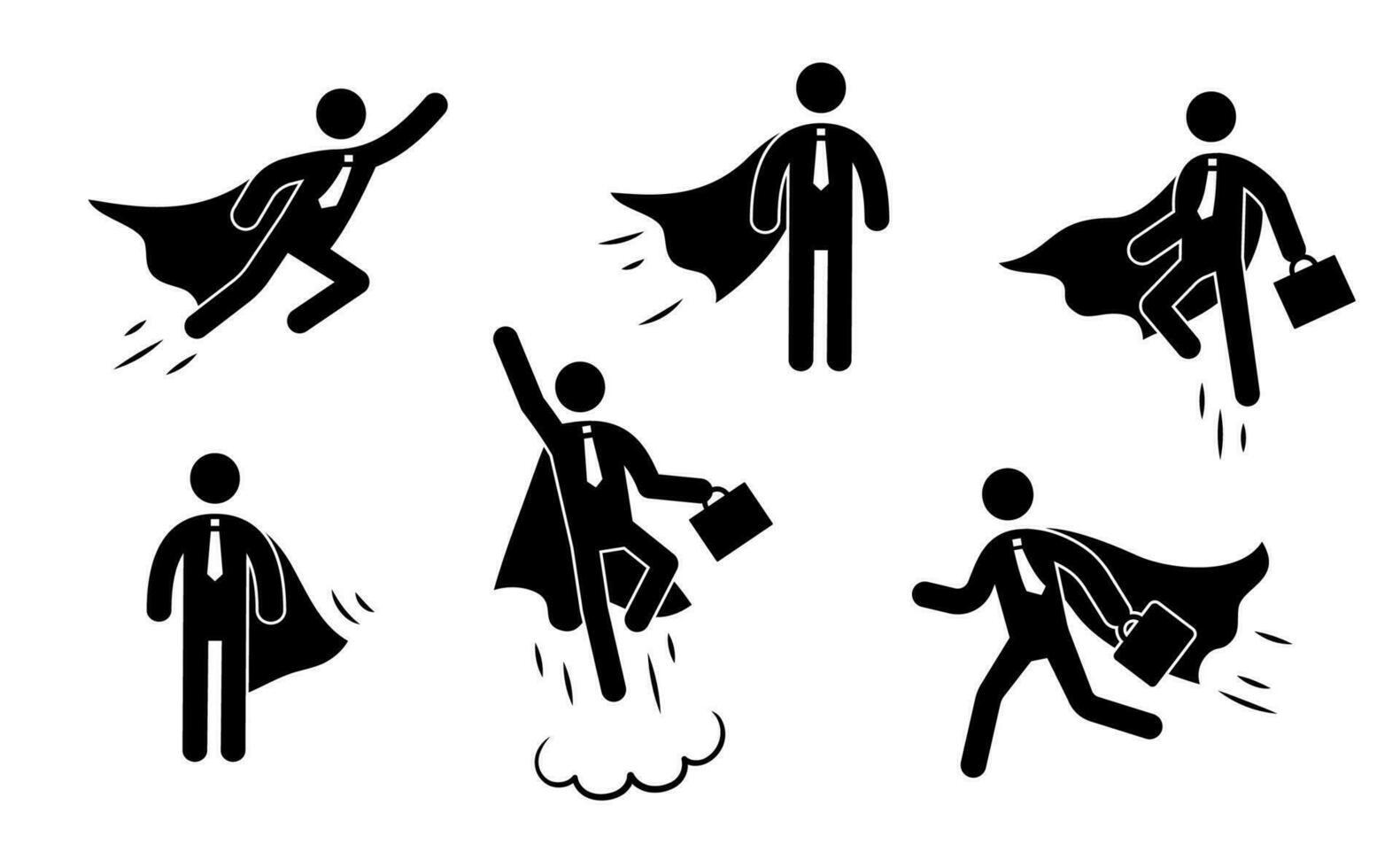 Superhero business pictogram man icon set. Superhero businessman flying stick figure. Victory worker, employer pictogram person vector