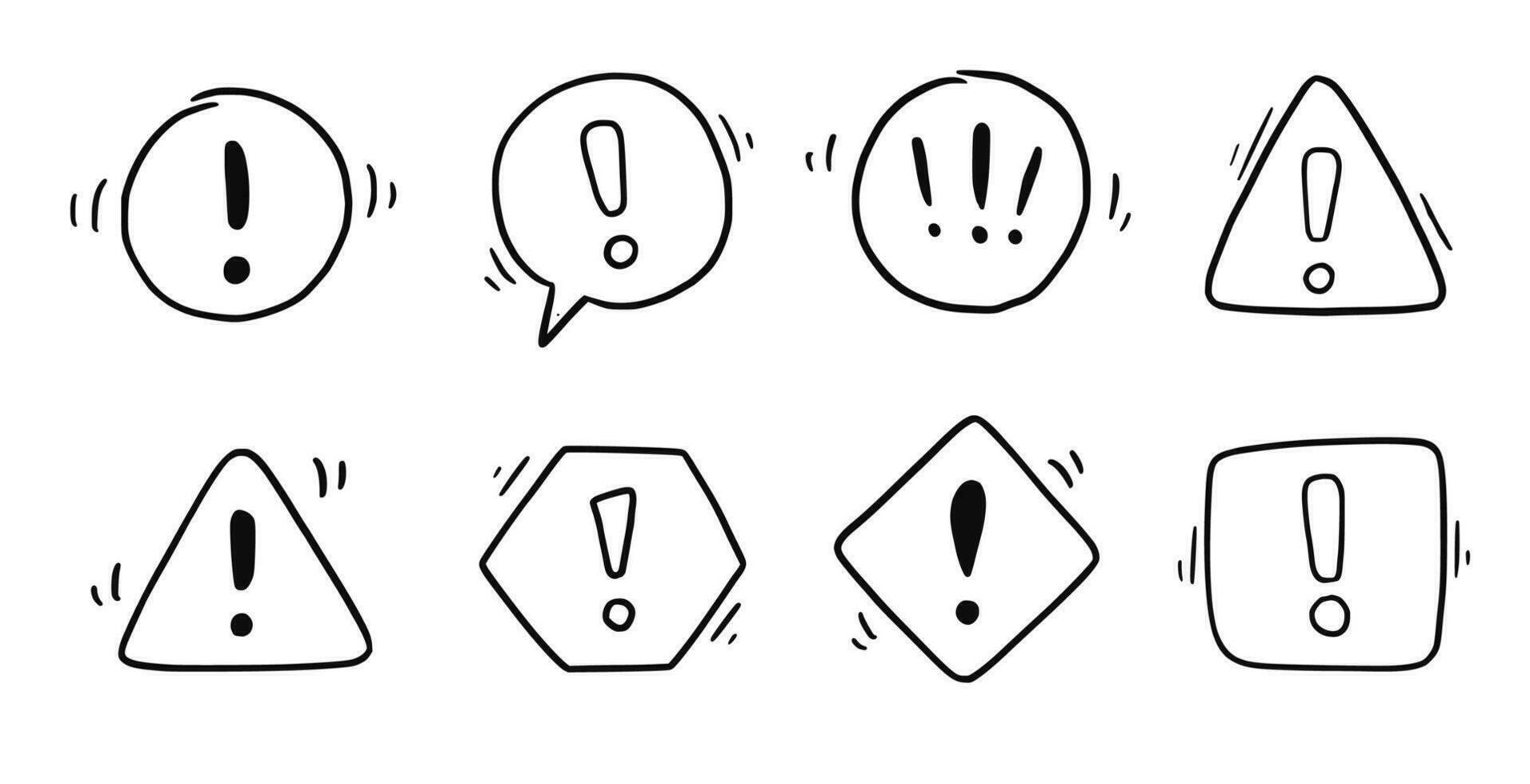 Hand drawn exclamation mark, alert sign set. Scribble doodle exclamation point, warning, hazard sign. Hand drawn sketch danger information sign. vector