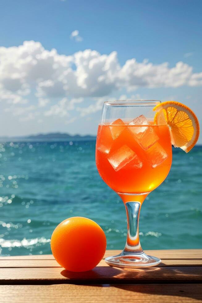 Aperol on top of a wooden table in front of the beach. ai generated photo