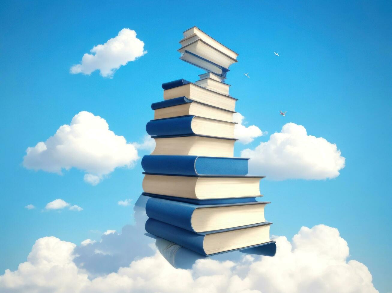 Abstract book stack with on sky with clouds background. going on a huge stack of books. ai generated photo