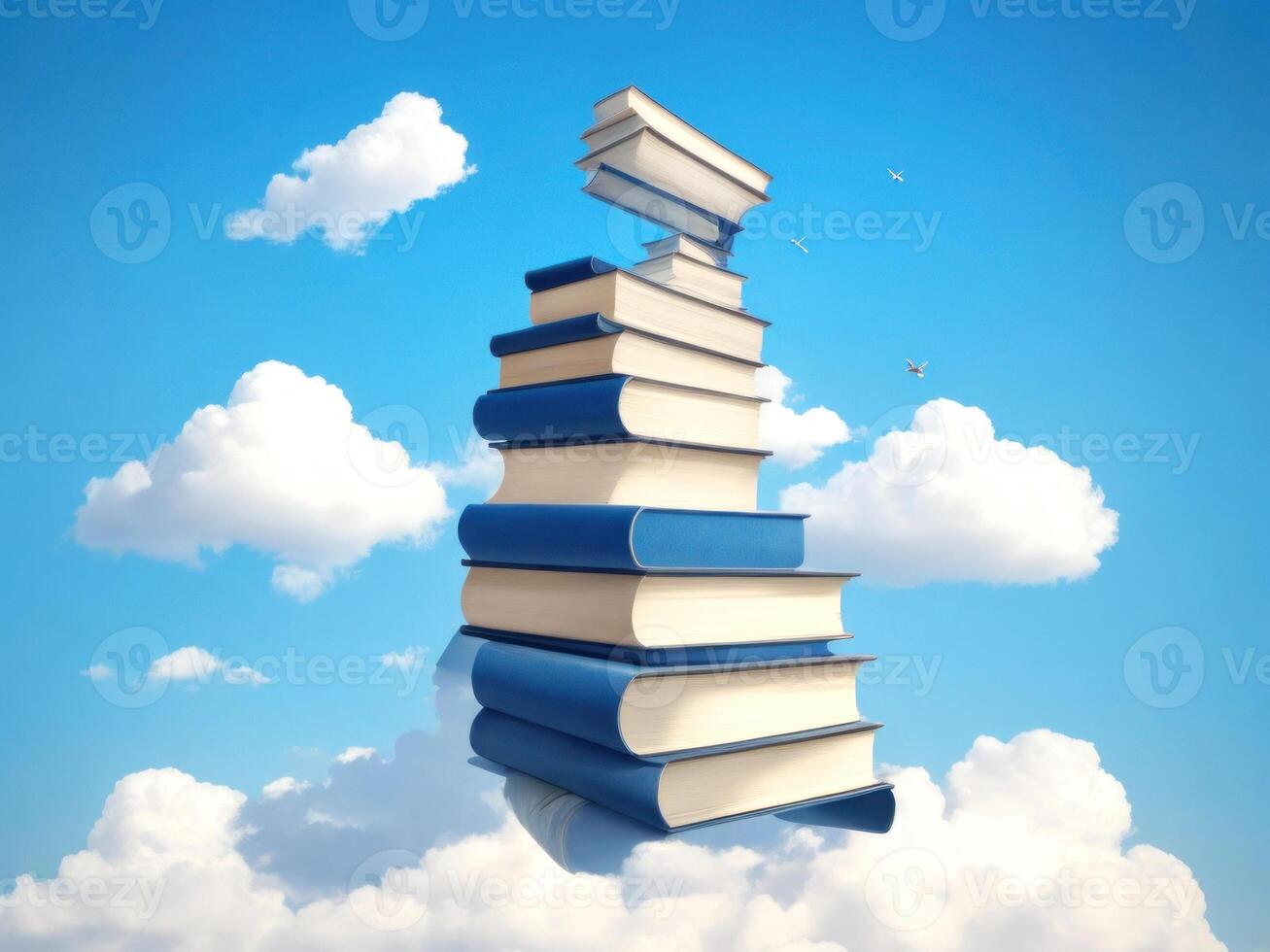 Abstract book stack with on sky with clouds background. going on a huge stack of books. ai generated photo