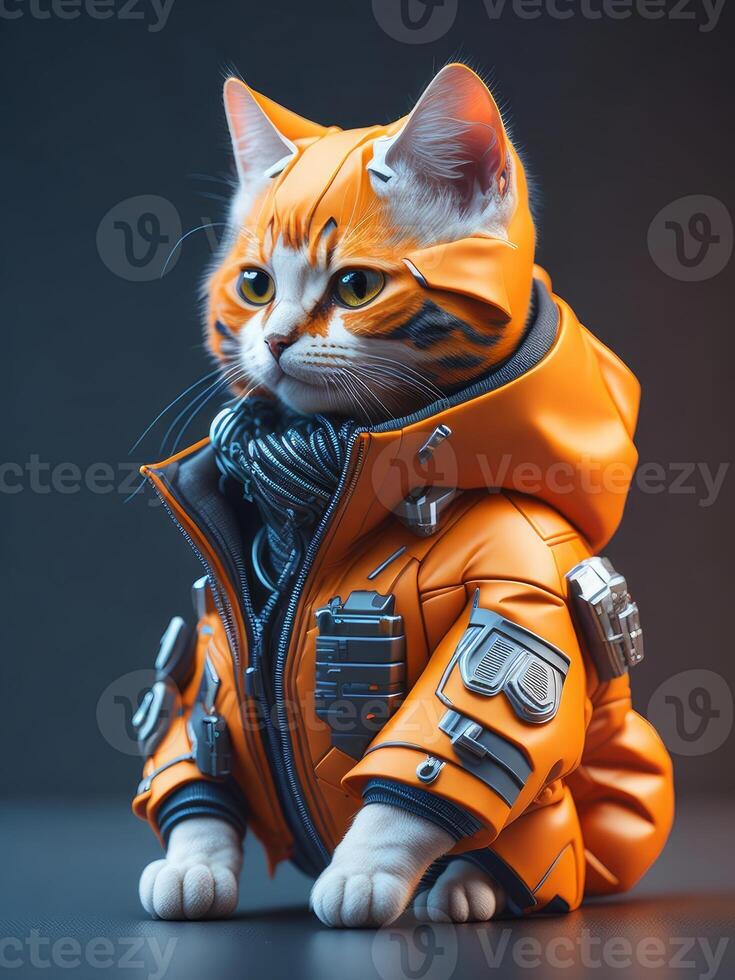 isometric view of a MINI cute hyperrealistic futuristic soldier cat wearing cyberpunk jacket. ai generated photo