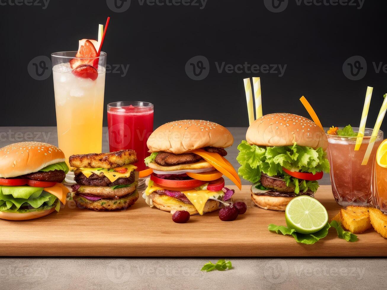 Group of fresh summer cocktails and burger at wooden board isolated at black background. ai generated photo