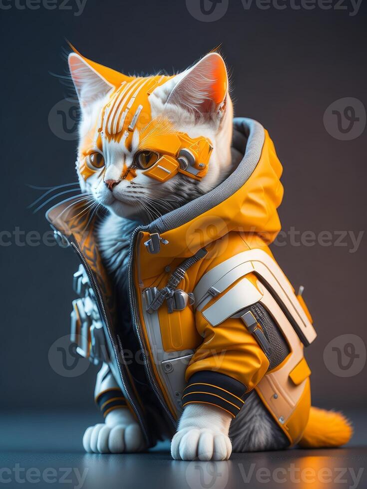 isometric view of a MINI cute hyperrealistic futuristic soldier cat wearing cyberpunk jacket. ai generated photo