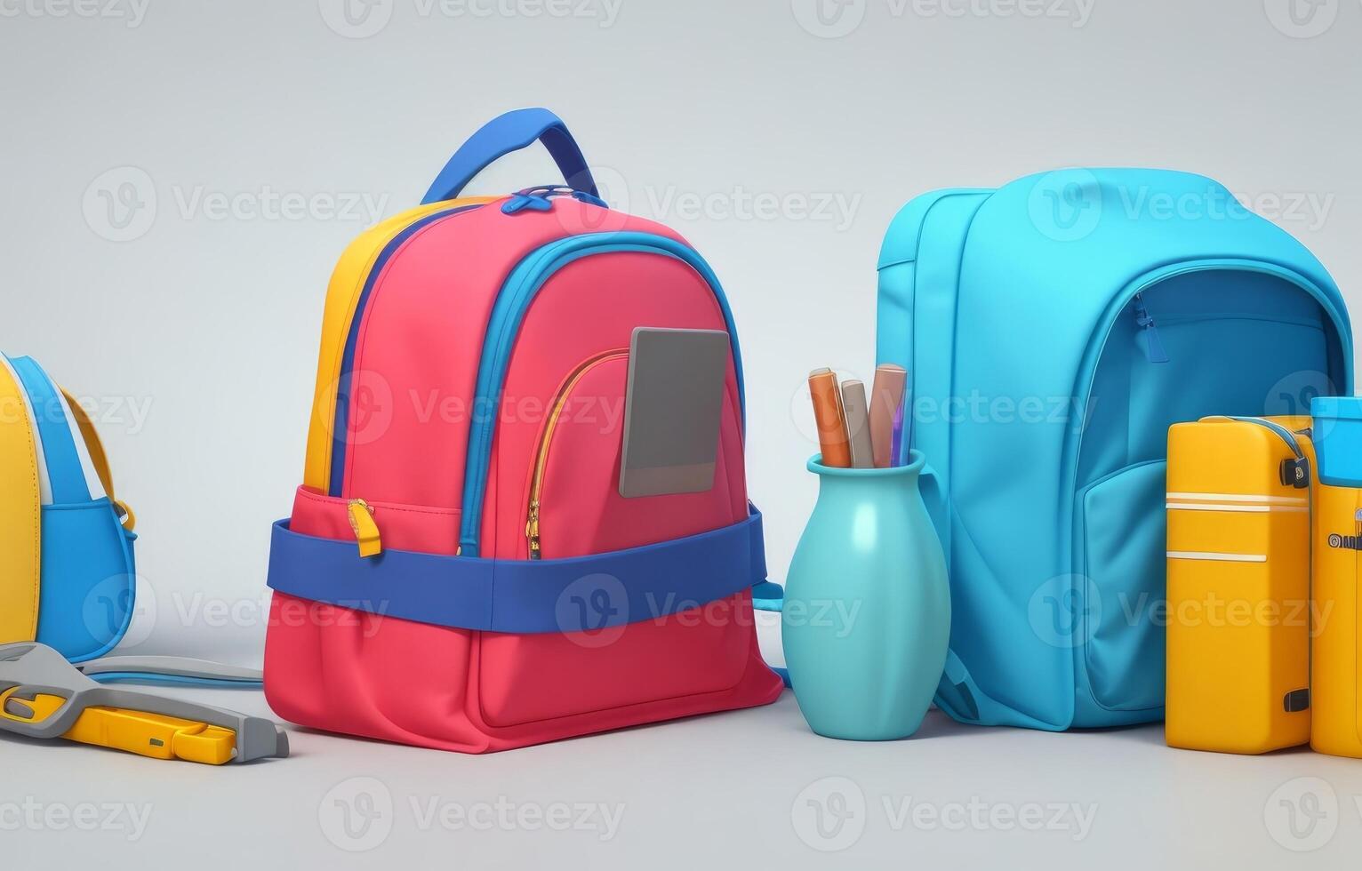 School accessories with school bag with copy space. Ready for school concept. 3D Rendering, 3D Illustration. ai generated photo