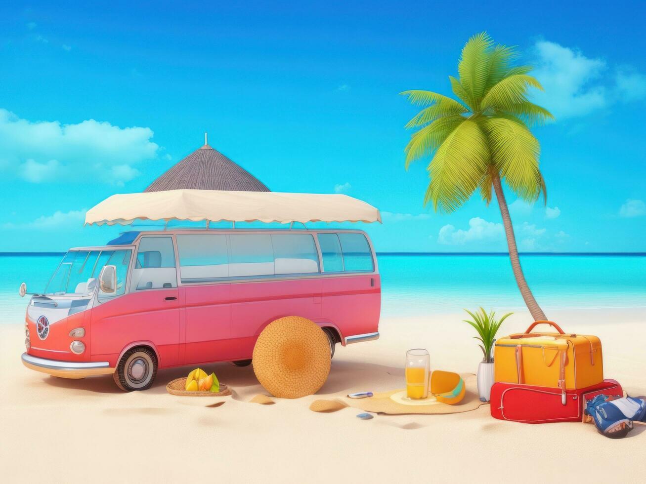 Ready for summer travel. van with deck chair and beach accessory, 3D Rendering, 3D Illustration. ai generated photo