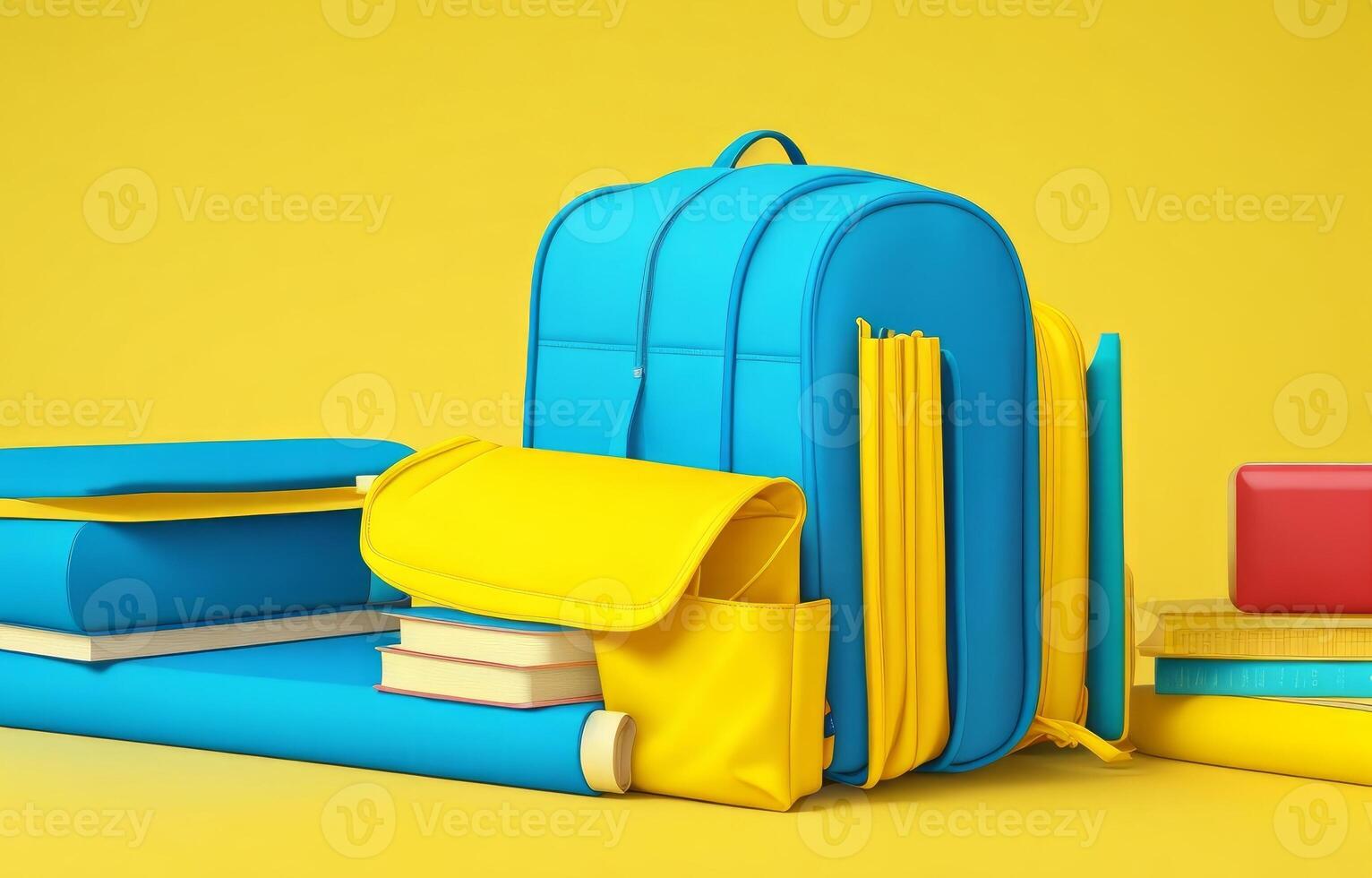 School accessories with school bag with copy space. Ready for school concept. 3D Rendering, 3D Illustration. ai generated photo