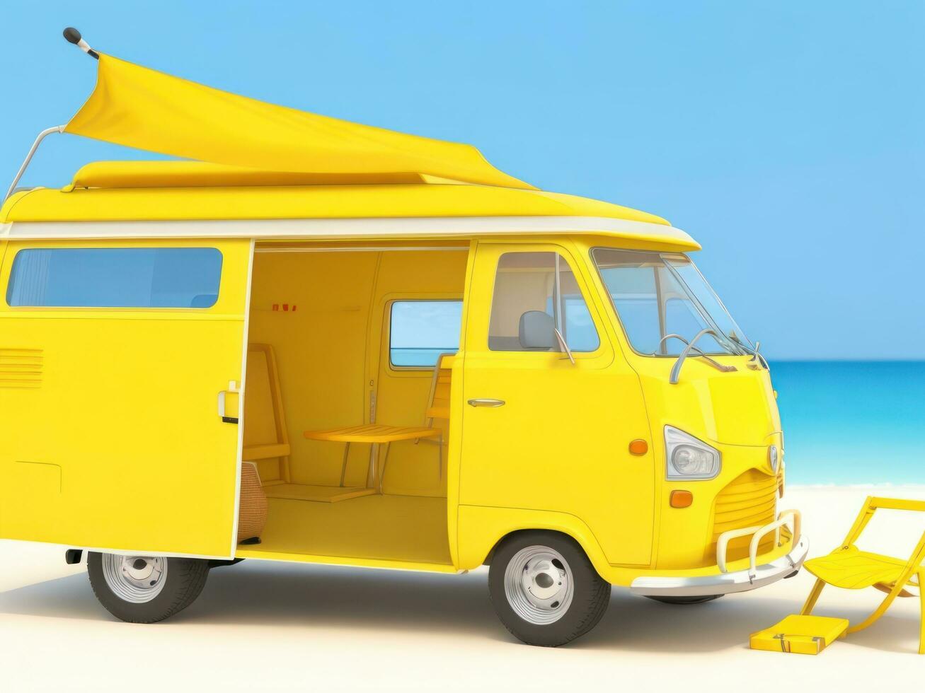 Ready for summer travel. Yellow van with deck chair and beach accessory, 3D Rendering, 3D Illustration. ai generated photo