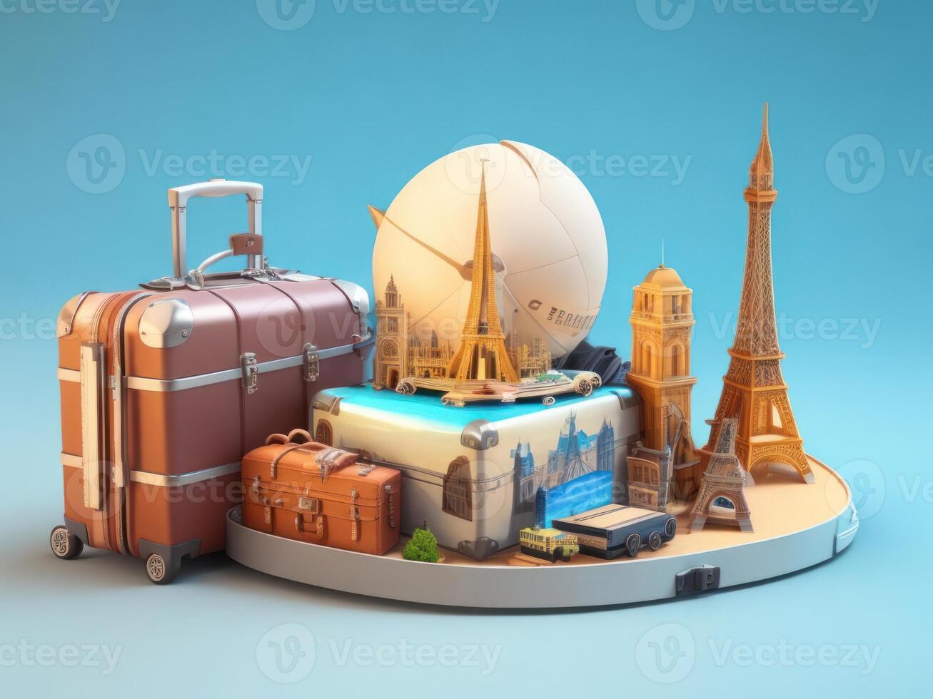 suitcase full of landmarks and travel accessory on 3D Rendering, 3D Illustration. ai generated photo