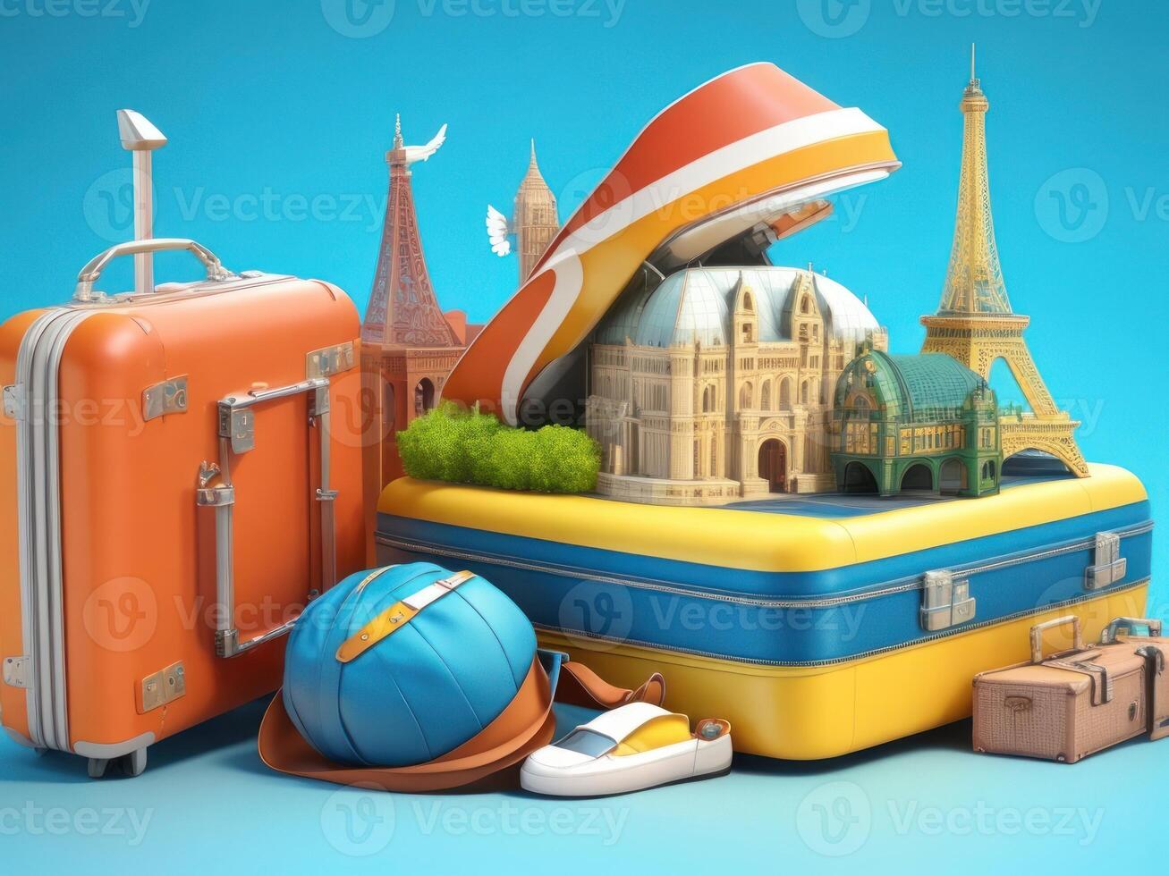 suitcase full of landmarks and travel accessory on 3D Rendering, 3D Illustration. ai generated photo