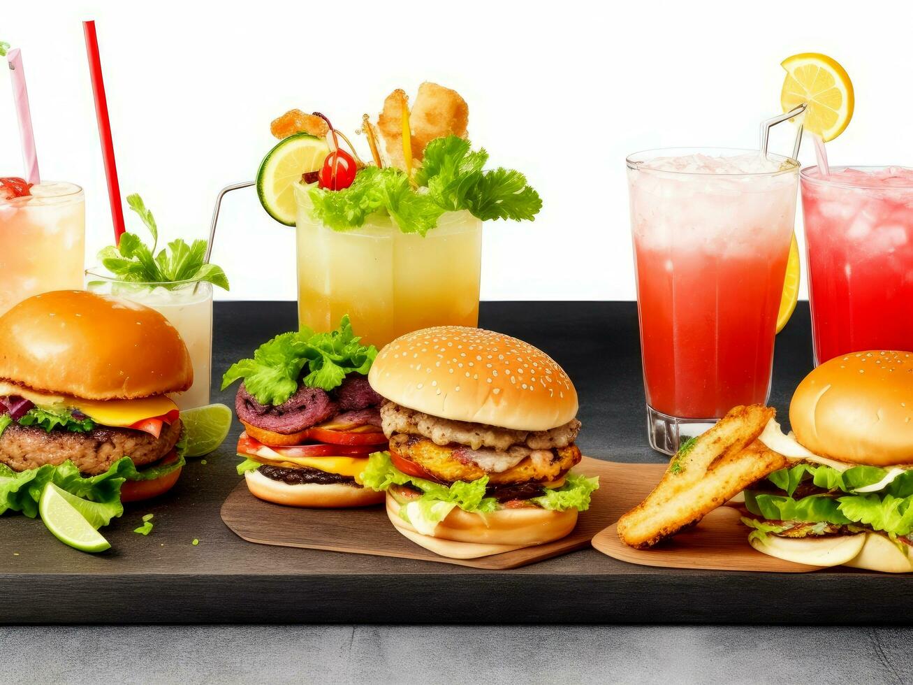 Group of fresh summer cocktails and burger at wooden board isolated at black background. ai generated photo