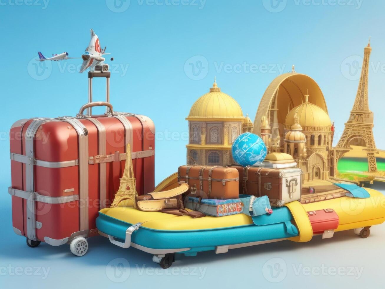 suitcase full of landmarks and travel accessory on 3D Rendering, 3D Illustration. ai generated photo