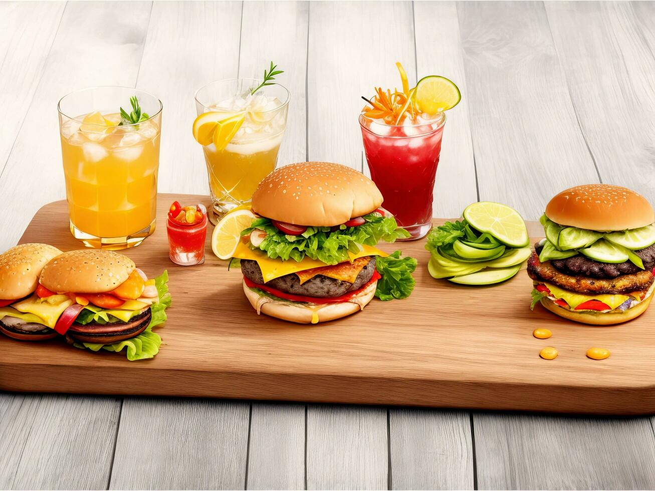 Group of fresh summer cocktails and burger at wooden board isolated at black background. ai generated photo